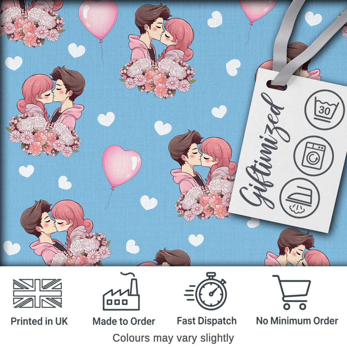 Valentines Love Couple Kissing Floral Hearts Blue Background Seamless Pattern Digital Print Fabric by the Metre UK Sewing Quilting Textile