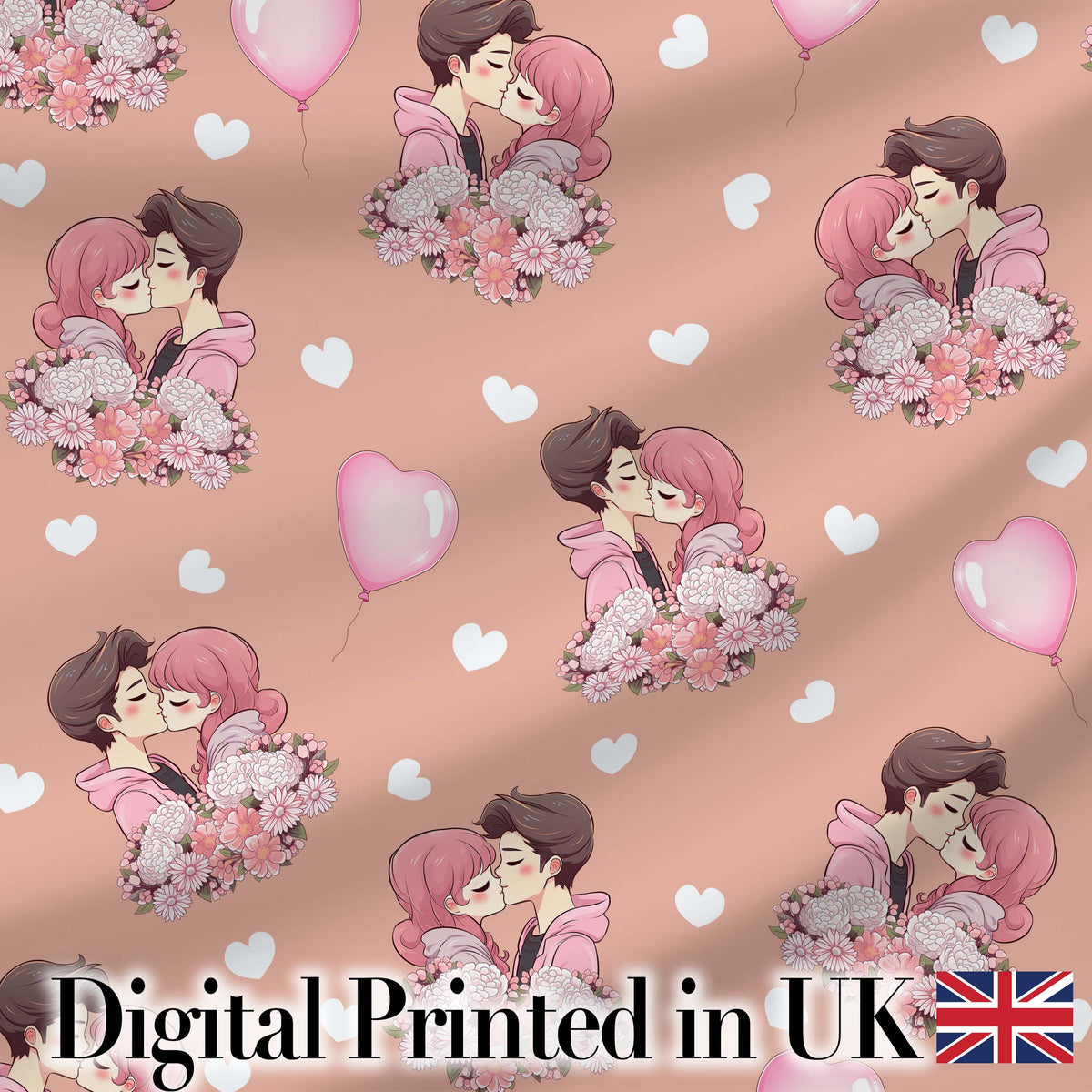 Valentines Love Couple Kissing Floral Hearts Brown Background Seamless Pattern Digital Print Fabric by the Metre UK Sewing Quilting Textile