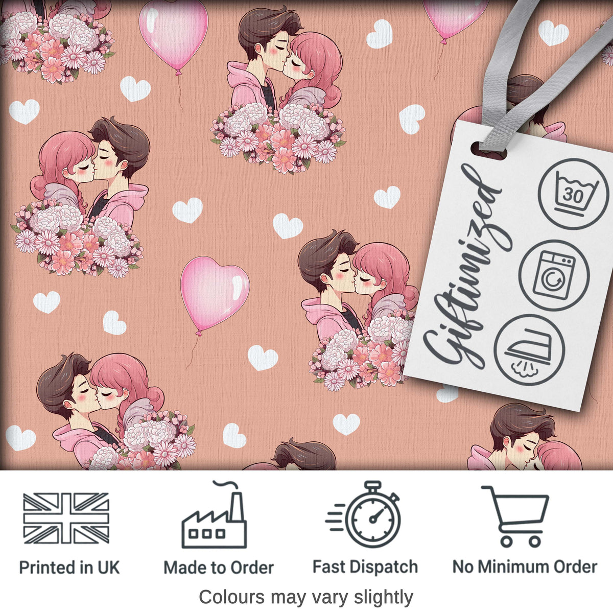 Valentines Love Couple Kissing Floral Hearts Brown Background Seamless Pattern Digital Print Fabric by the Metre UK Sewing Quilting Textile