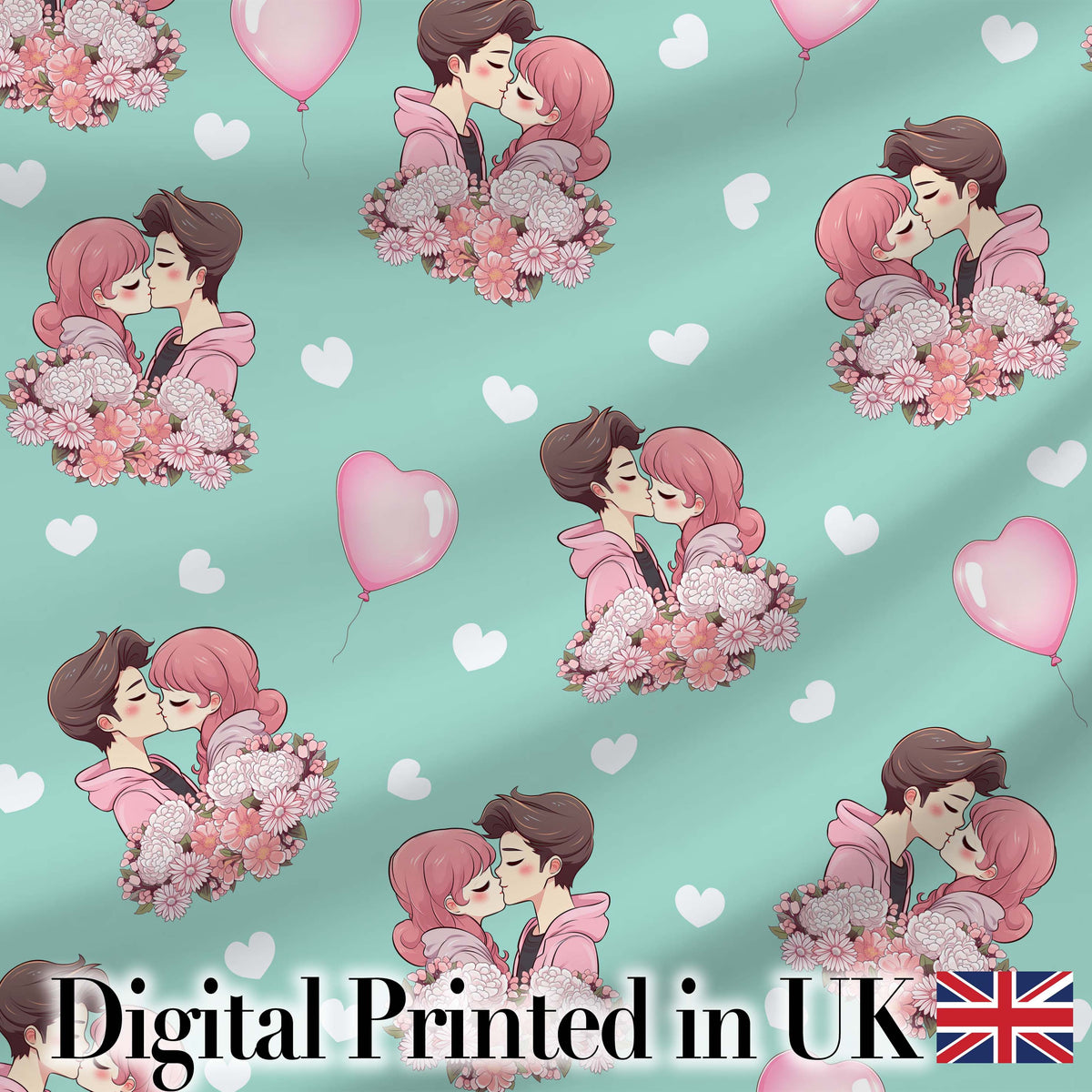 Valentines Love Couple Kissing Floral Hearts Green Background Seamless Pattern Digital Print Fabric by the Metre UK Sewing Quilting Textile