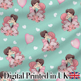 Valentines Love Couple Kissing Floral Hearts Green Background Seamless Pattern Digital Print Fabric by the Metre UK Sewing Quilting Textile