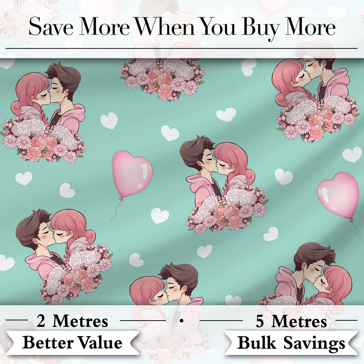 Valentines Love Couple Kissing Floral Hearts Green Background Seamless Pattern Digital Print Fabric by the Metre UK Sewing Quilting Textile