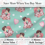 Valentines Love Couple Kissing Floral Hearts Green Background Seamless Pattern Digital Print Fabric by the Metre UK Sewing Quilting Textile