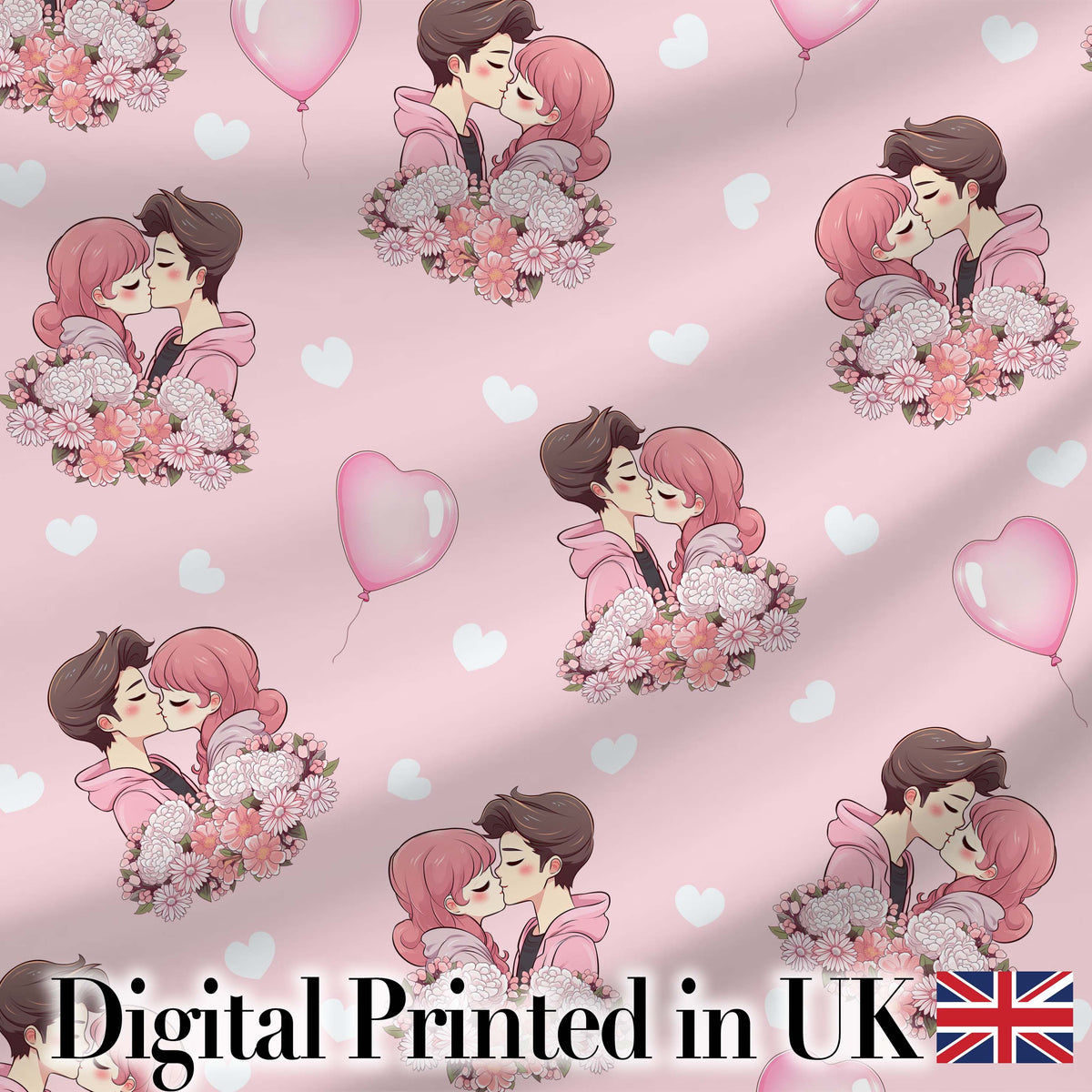 Cute Valentines Couple Kissing Floral Hearts Balloon Light Pink Background Seamless Pattern Digital Print Fabric by the Metre UK