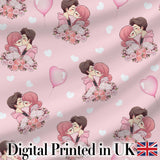 Cute Valentines Couple Kissing Floral Hearts Balloon Light Pink Background Seamless Pattern Digital Print Fabric by the Metre UK