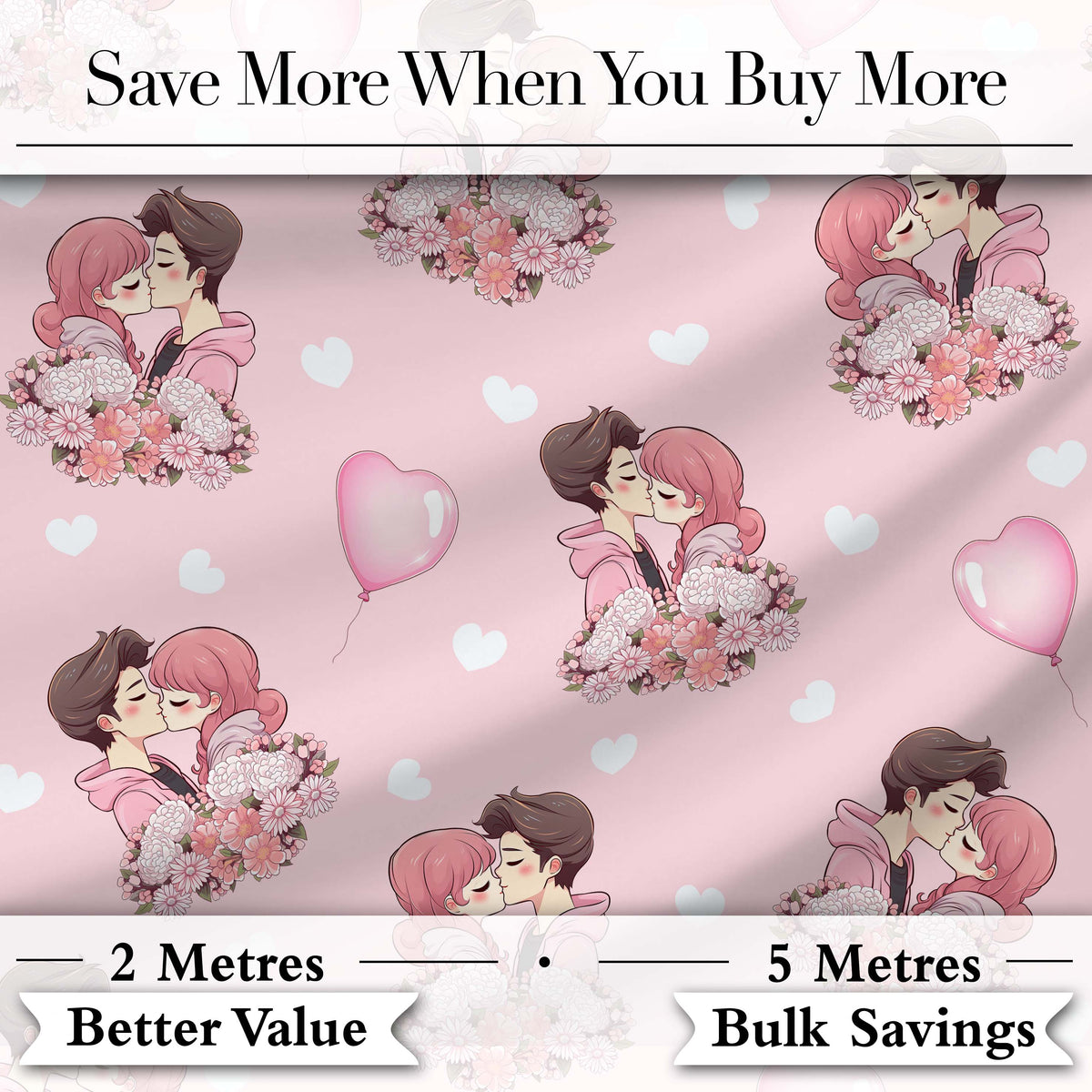 Cute Valentines Couple Kissing Floral Hearts Balloon Light Pink Background Seamless Pattern Digital Print Fabric by the Metre UK