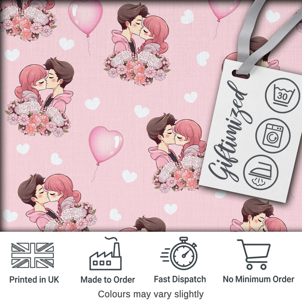 Cute Valentines Couple Kissing Floral Hearts Balloon Light Pink Background Seamless Pattern Digital Print Fabric by the Metre UK
