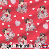 Cute Valentines Couple Kissing Floral Hearts Balloon Red Background Seamless Pattern Digital Print Fabric by the Metre UK