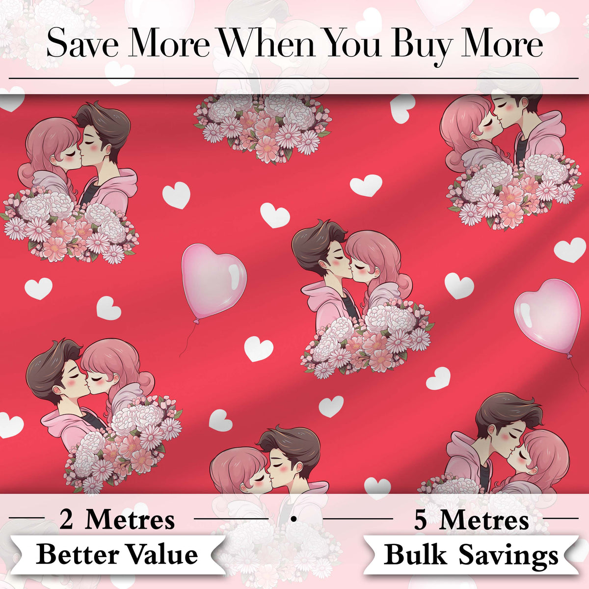 Cute Valentines Couple Kissing Floral Hearts Balloon Red Background Seamless Pattern Digital Print Fabric by the Metre UK