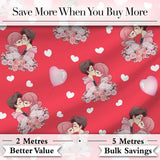 Cute Valentines Couple Kissing Floral Hearts Balloon Red Background Seamless Pattern Digital Print Fabric by the Metre UK