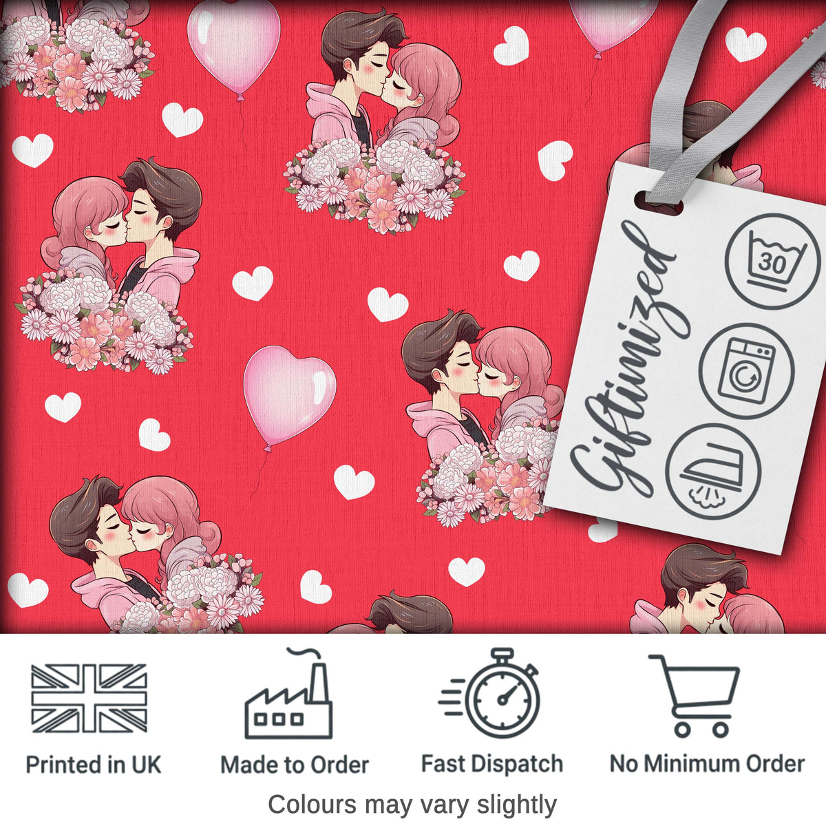 Cute Valentines Couple Kissing Floral Hearts Balloon Red Background Seamless Pattern Digital Print Fabric by the Metre UK