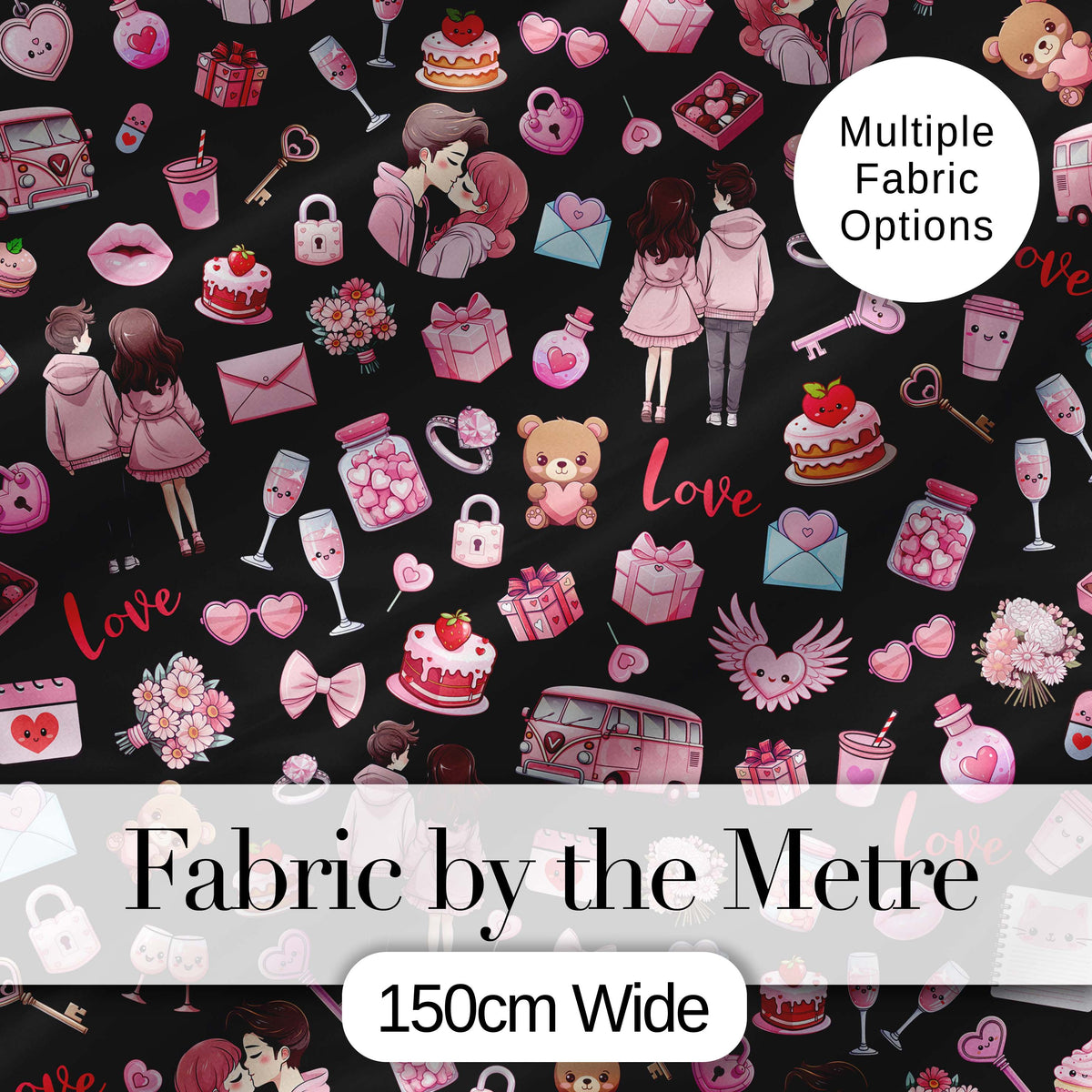 Cute Valentines Couple Love  Gifts Hearts Black Background Seamless Pattern Digital Print Fabric by the Metre UK