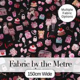 Cute Valentines Couple Love  Gifts Hearts Black Background Seamless Pattern Digital Print Fabric by the Metre UK