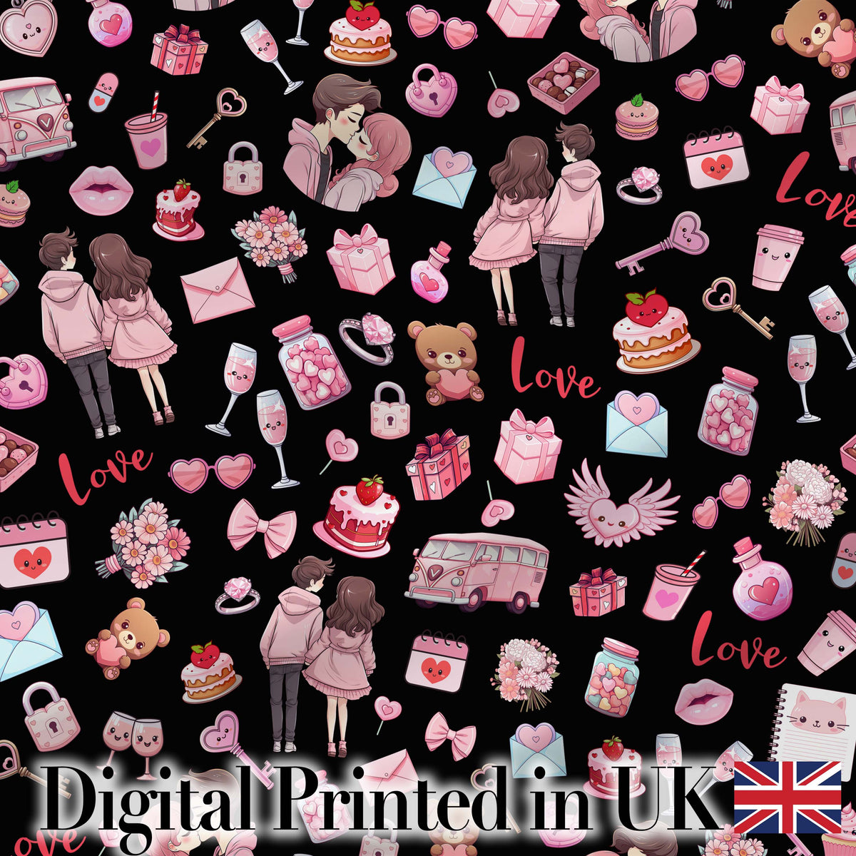 Cute Valentines Couple Love  Gifts Hearts Black Background Seamless Pattern Digital Print Fabric by the Metre UK