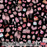 Cute Valentines Couple Love  Gifts Hearts Black Background Seamless Pattern Digital Print Fabric by the Metre UK