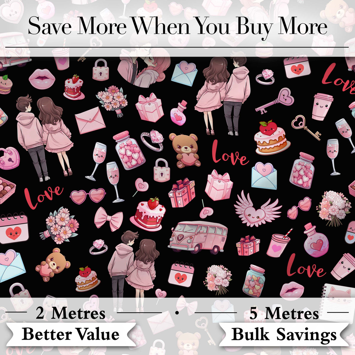 Cute Valentines Couple Love  Gifts Hearts Black Background Seamless Pattern Digital Print Fabric by the Metre UK
