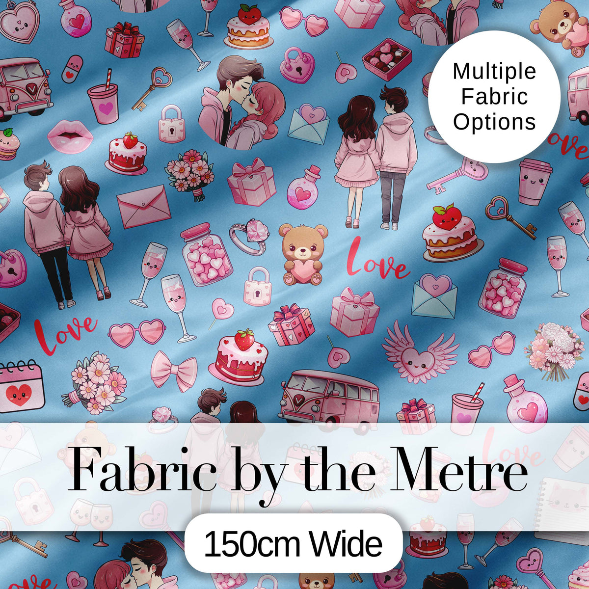 Cute Valentines Couple Love  Gifts Hearts Blue Background Seamless Pattern Digital Print Fabric by the Metre UK