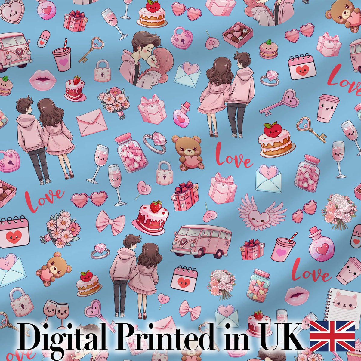 Cute Valentines Couple Love  Gifts Hearts Blue Background Seamless Pattern Digital Print Fabric by the Metre UK