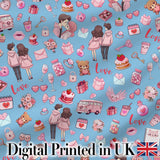 Cute Valentines Couple Love  Gifts Hearts Blue Background Seamless Pattern Digital Print Fabric by the Metre UK