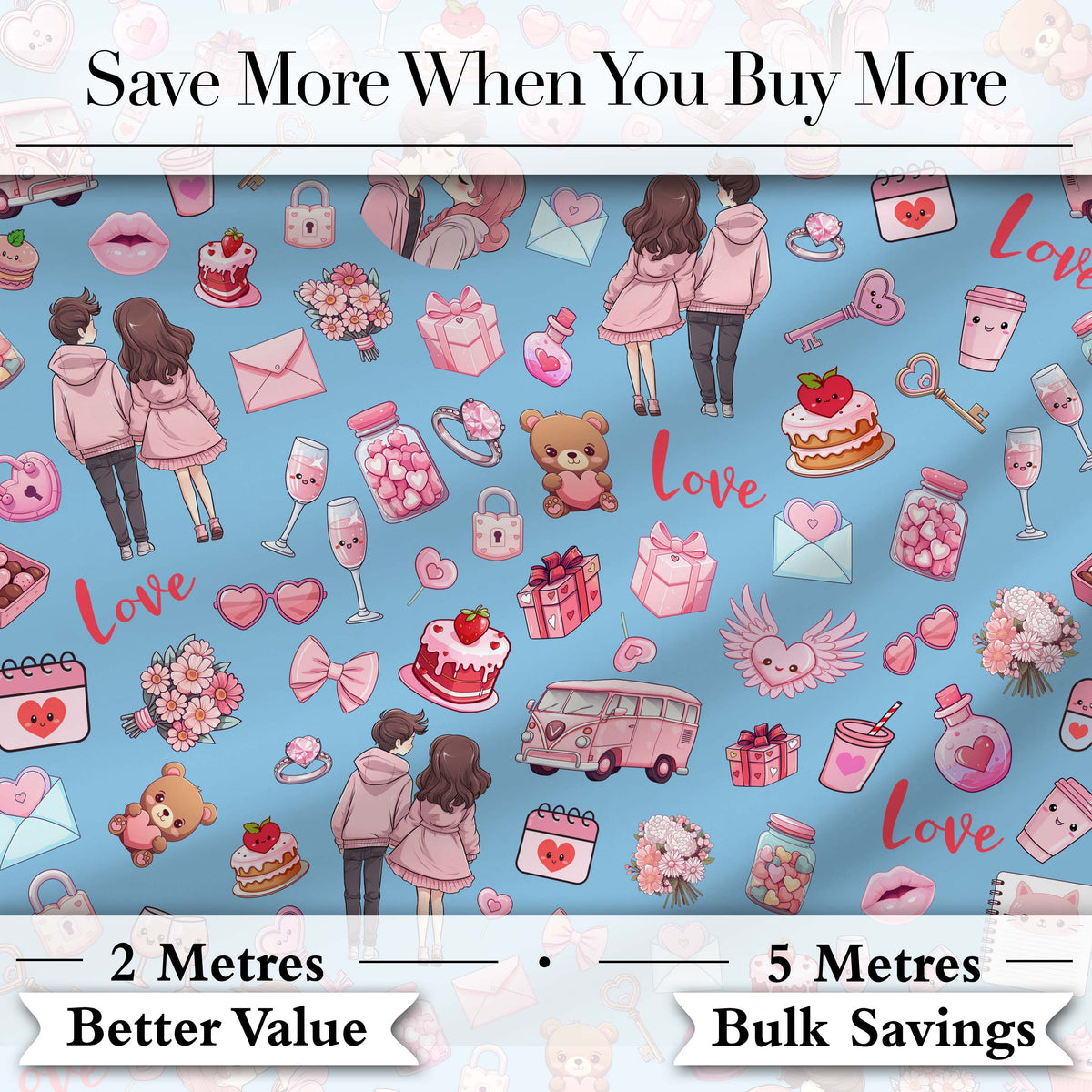Cute Valentines Couple Love  Gifts Hearts Blue Background Seamless Pattern Digital Print Fabric by the Metre UK