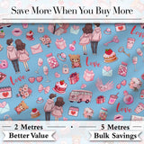 Cute Valentines Couple Love  Gifts Hearts Blue Background Seamless Pattern Digital Print Fabric by the Metre UK