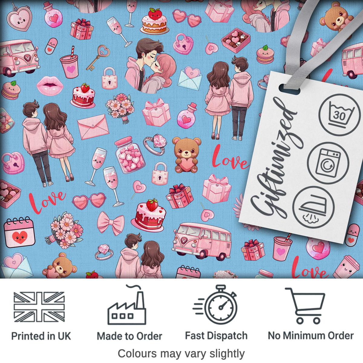 Cute Valentines Couple Love  Gifts Hearts Blue Background Seamless Pattern Digital Print Fabric by the Metre UK