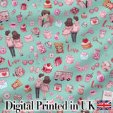 Cute Valentines Couple Love  Gifts Hearts Mint Background Seamless Pattern Digital Print Fabric by the Metre UK Sewing Quilting Textile