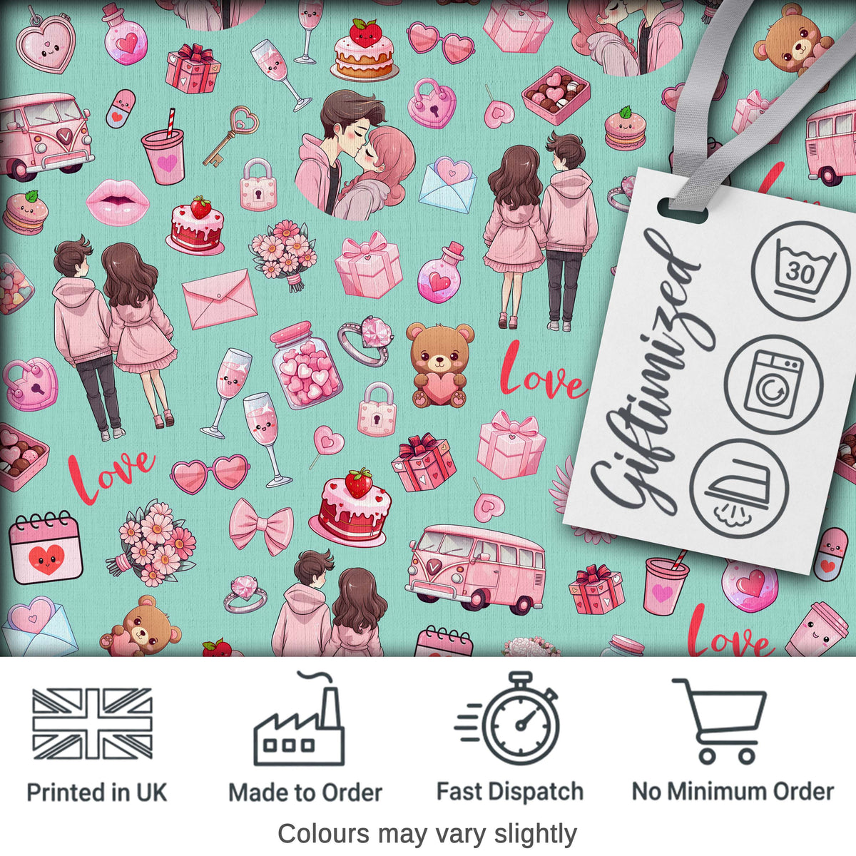 Cute Valentines Couple Love  Gifts Hearts Mint Background Seamless Pattern Digital Print Fabric by the Metre UK Sewing Quilting Textile