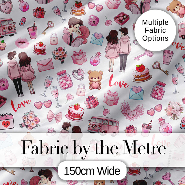 Cute Valentines Couple Love  Gifts Hearts Grey Background Seamless Pattern Digital Print Fabric by the Metre UK Sewing Quilting Textile