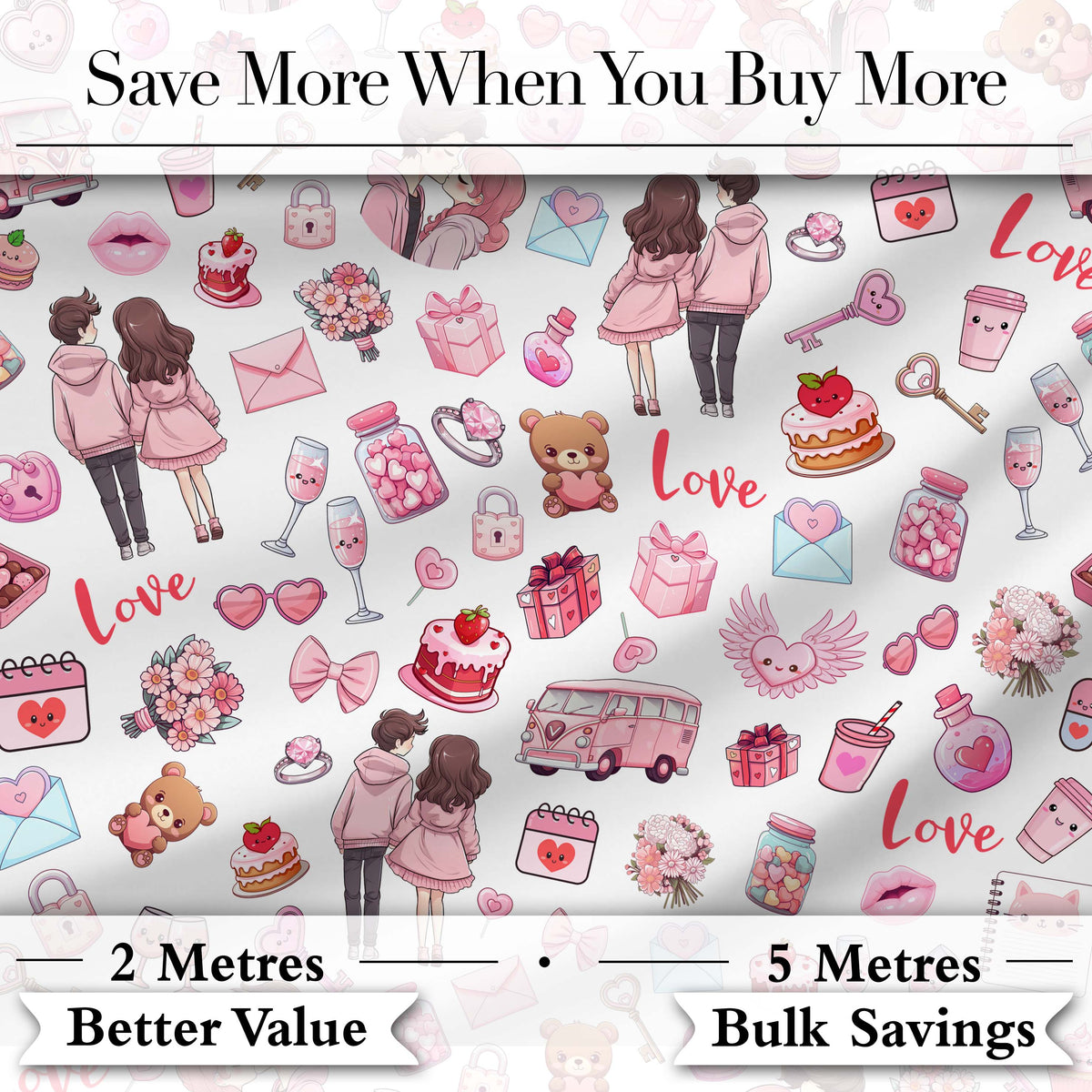 Cute Valentines Couple Love  Gifts Hearts Grey Background Seamless Pattern Digital Print Fabric by the Metre UK Sewing Quilting Textile