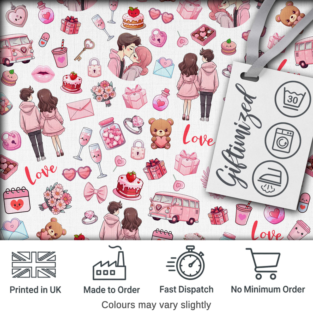 Cute Valentines Couple Love  Gifts Hearts Grey Background Seamless Pattern Digital Print Fabric by the Metre UK Sewing Quilting Textile
