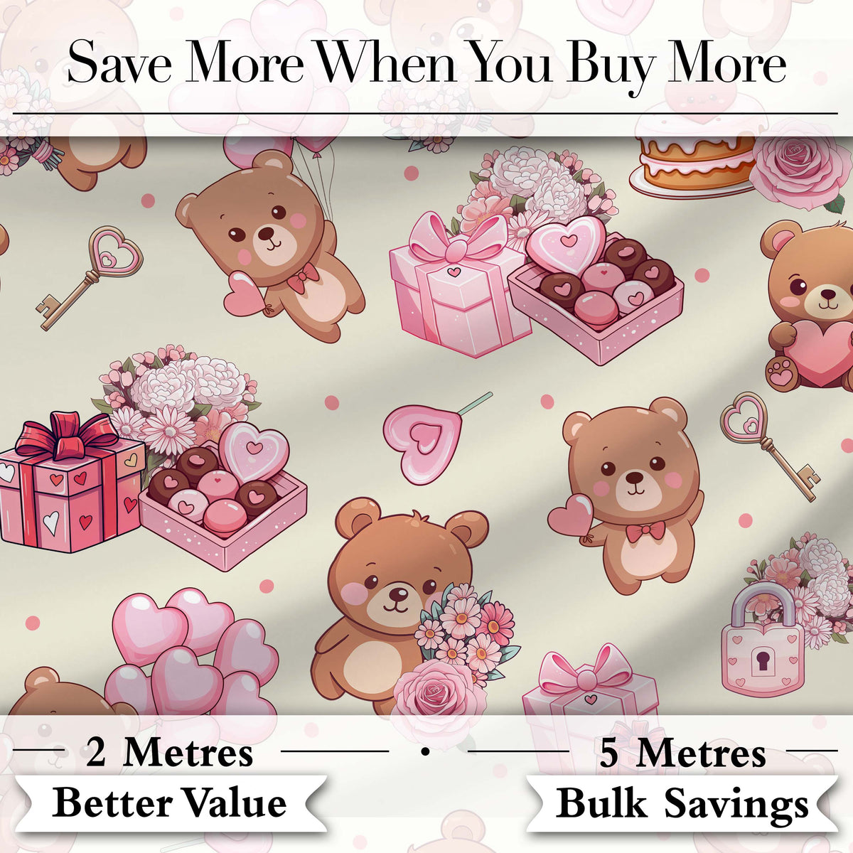Cute Teddy Bears Hearts Gifts Floral Valentines Seamless Pattern Digital Print Fabric by the Metre UK Sewing Quilting Textile