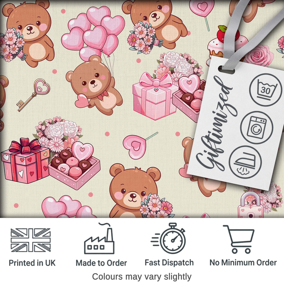 Cute Teddy Bears Hearts Gifts Floral Valentines Seamless Pattern Digital Print Fabric by the Metre UK Sewing Quilting Textile