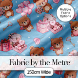 Cute Teddy Bears Hearts Gift Floral Blue Background Valentines Seamless Pattern Digital Print Fabric by the Metre UK Sewing Quilting Textile