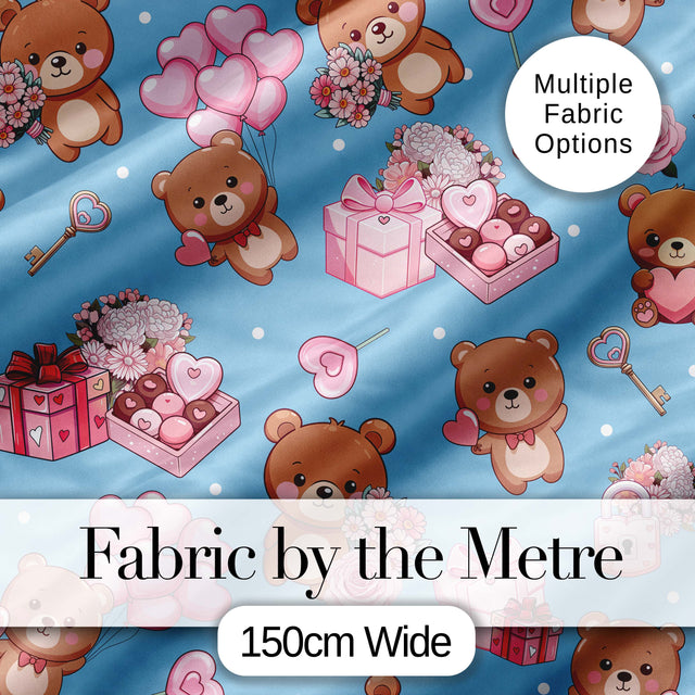Cute Teddy Bears Hearts Gift Floral Blue Background Valentines Seamless Pattern Digital Print Fabric by the Metre UK Sewing Quilting Textile