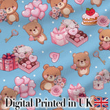 Cute Teddy Bears Hearts Gift Floral Blue Background Valentines Seamless Pattern Digital Print Fabric by the Metre UK Sewing Quilting Textile