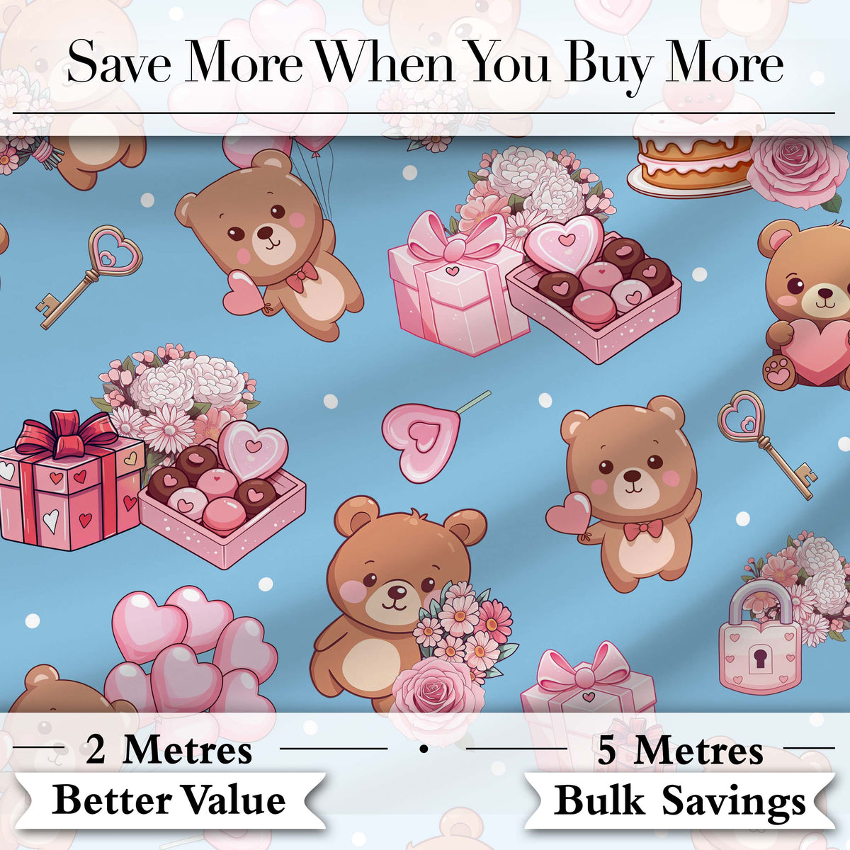 Cute Teddy Bears Hearts Gift Floral Blue Background Valentines Seamless Pattern Digital Print Fabric by the Metre UK Sewing Quilting Textile