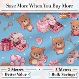Cute Teddy Bears Hearts Gift Floral Blue Background Valentines Seamless Pattern Digital Print Fabric by the Metre UK Sewing Quilting Textile