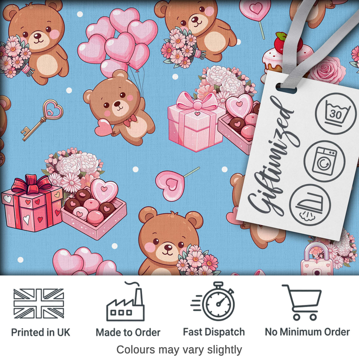 Cute Teddy Bears Hearts Gift Floral Blue Background Valentines Seamless Pattern Digital Print Fabric by the Metre UK Sewing Quilting Textile