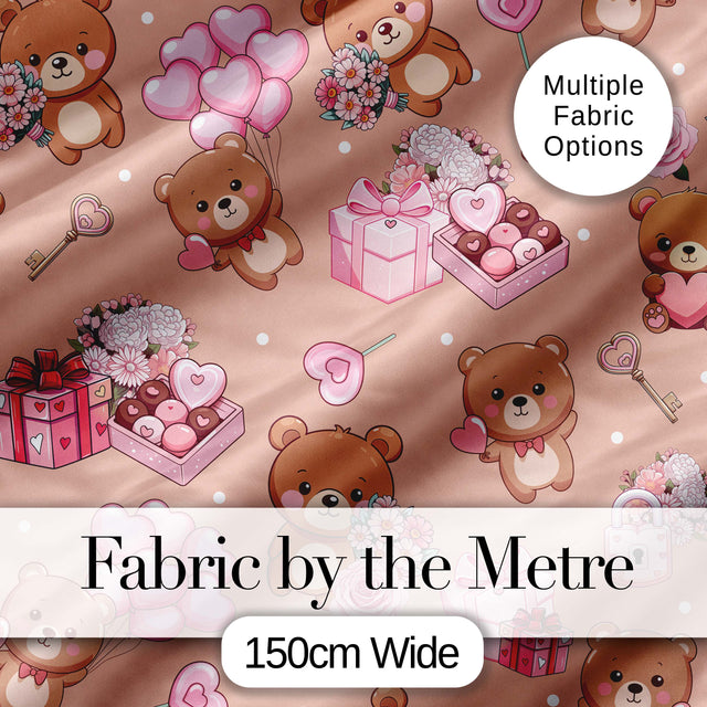 Cute Teddy Bears Hearts Floral Beige Background Valentines Seamless Pattern Digital Print Fabric by the Metre UK Sewing Quilting Textile