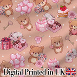 Cute Teddy Bears Hearts Floral Beige Background Valentines Seamless Pattern Digital Print Fabric by the Metre UK Sewing Quilting Textile