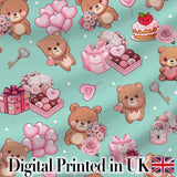 Cute Teddy Bears Hearts Balloons Gifts Valentines Seamless Pattern Digital Print Fabric by the Metre UK Sewing Quilting Textile