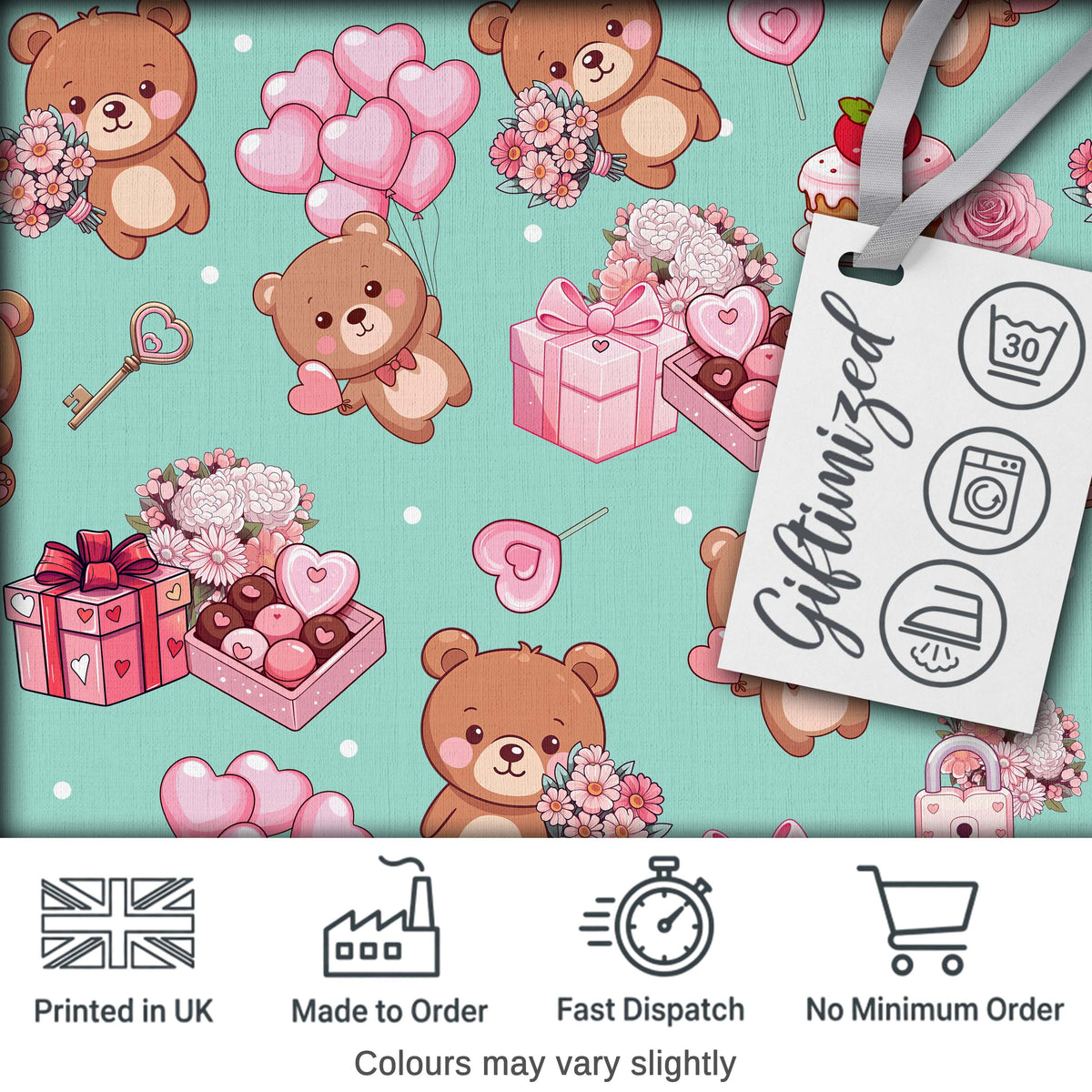 Cute Teddy Bears Hearts Balloons Gifts Valentines Seamless Pattern Digital Print Fabric by the Metre UK Sewing Quilting Textile