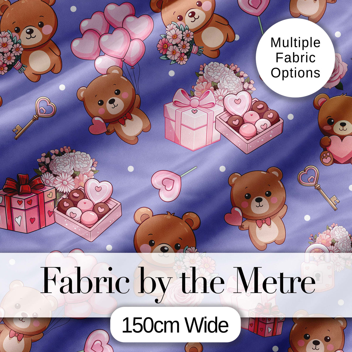 Cute Teddy Bears Hearts Balloons Gifts Purple Background Seamless Pattern Digital Print Fabric by the Metre UK Sewing Quilting Textile