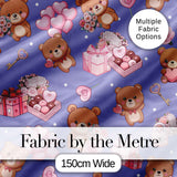 Cute Teddy Bears Hearts Balloons Gifts Purple Background Seamless Pattern Digital Print Fabric by the Metre UK Sewing Quilting Textile