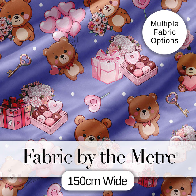 Cute Teddy Bears Hearts Balloons Gifts Purple Background Seamless Pattern Digital Print Fabric by the Metre UK Sewing Quilting Textile