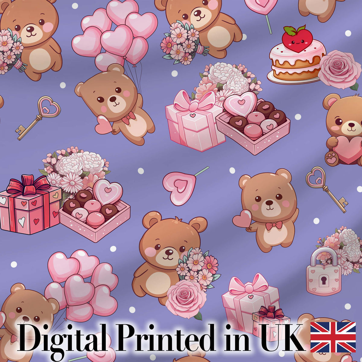 Cute Teddy Bears Hearts Balloons Gifts Purple Background Seamless Pattern Digital Print Fabric by the Metre UK Sewing Quilting Textile