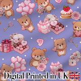 Cute Teddy Bears Hearts Balloons Gifts Purple Background Seamless Pattern Digital Print Fabric by the Metre UK Sewing Quilting Textile