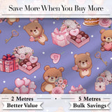 Cute Teddy Bears Hearts Balloons Gifts Purple Background Seamless Pattern Digital Print Fabric by the Metre UK Sewing Quilting Textile