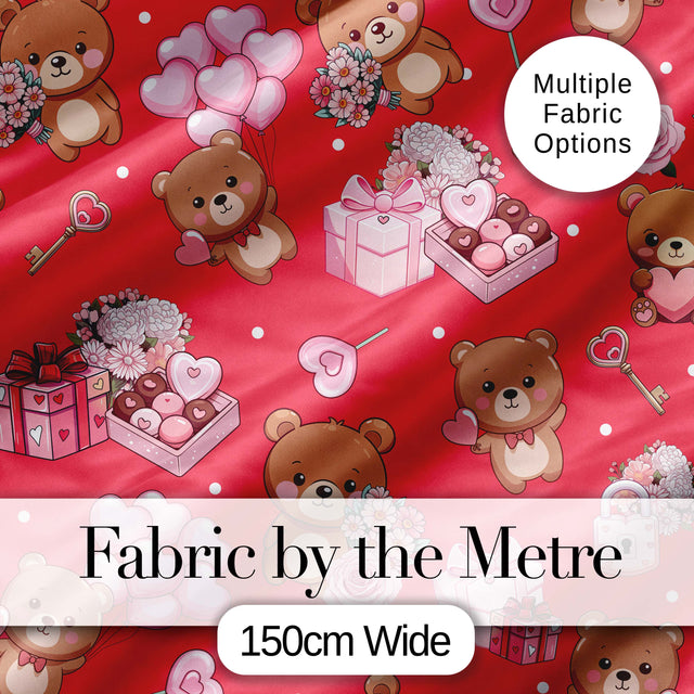 Cute Teddy Bears Hearts Balloons Gifts Red Background Seamless Pattern Digital Print Fabric by the Metre UK Sewing Quilting Textile